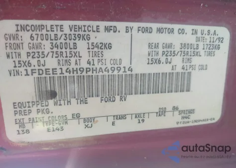 1993 Ford Econoline E150 Van from USA, damaged, VIN 1FDEE14H9PHA49914